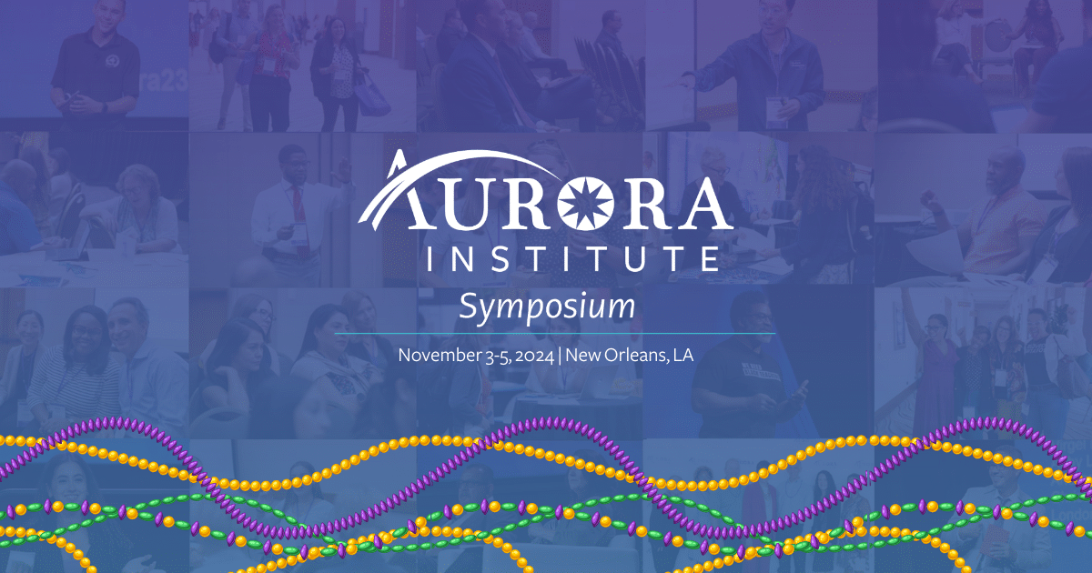 A purple banner with Mardi Gras beads at the bottom. Banner reads: Aurora Institute Symposium, November 4-6, 2024, New Orleans, LA